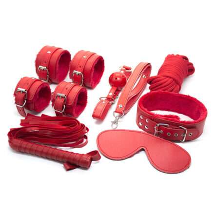 8 Pieces Leather BDSM Bondage Kit - Red