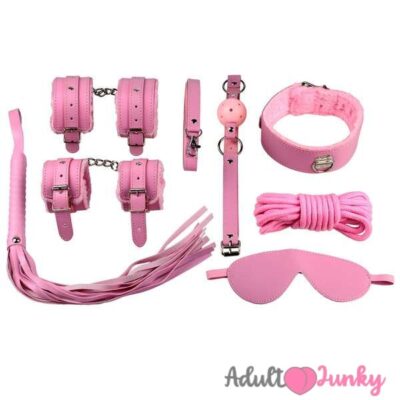 8 Pieces Leather BDSM Sex Bondage Kit -Pink