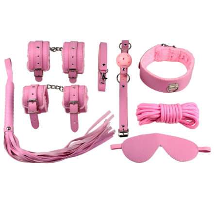 8 Pieces Leather BDSM Sex Bondage Kit -Pink