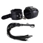 Premium Quality Leather Whips Flogger With Handcuffs /2 Piece Set -Black