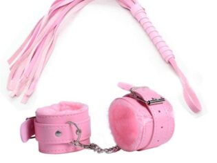 High Quality Leather Whips Flogger With Handcuffs /2 Piece Set -Pink