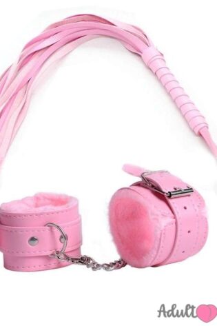 High Quality Leather Whips Flogger With Handcuffs /2 Piece Set -Pink