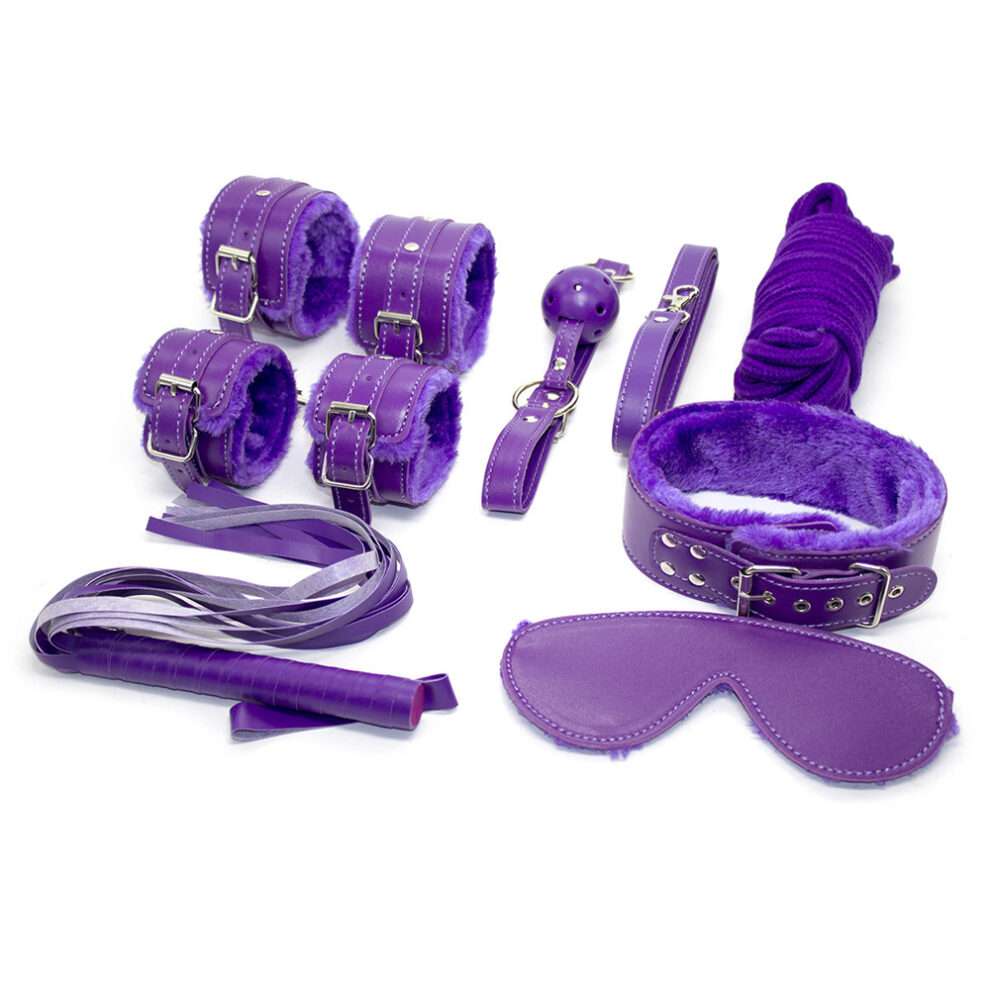 8 Pieces Leather BDSM Sex bondage restraints kit -Purple