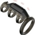 Black Vibrating Male Penis 4 Ring Cock Cage Girth Enhancer Sleeve